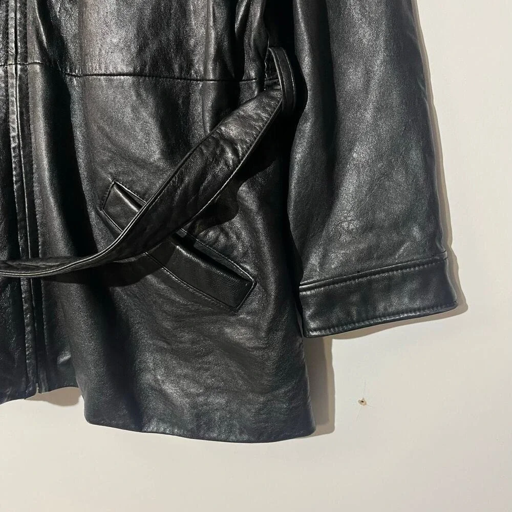 Wilson's Leather Thinsulate Black Belted Coat Jacket Collared Biker Mens Size XL